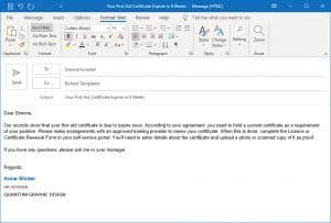 Employee licence or certificate renewal reminder email