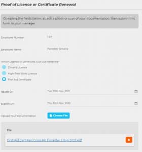 Licence or certificate renewal form
