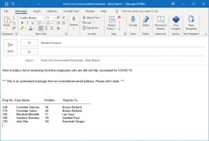 Email informing managers of unvaxxed employees in front line positions
