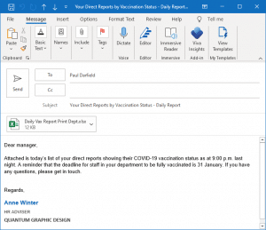 Email to managers showing employees vaccination status