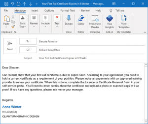 Certificate or licence renewal reminder email