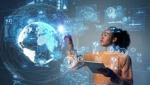 Woman using payroll technology